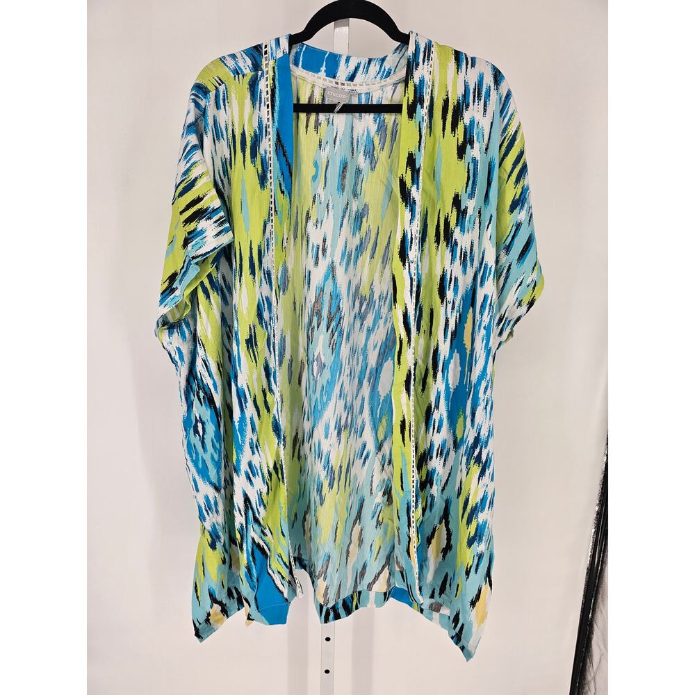 Chico's Blue, Lime & White Patterned Open Front Sweater